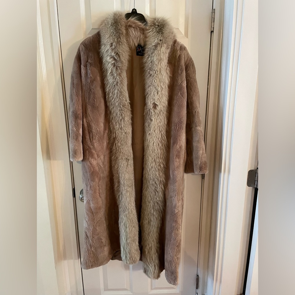 full length sheared dyed beaver and fox trimmed coat